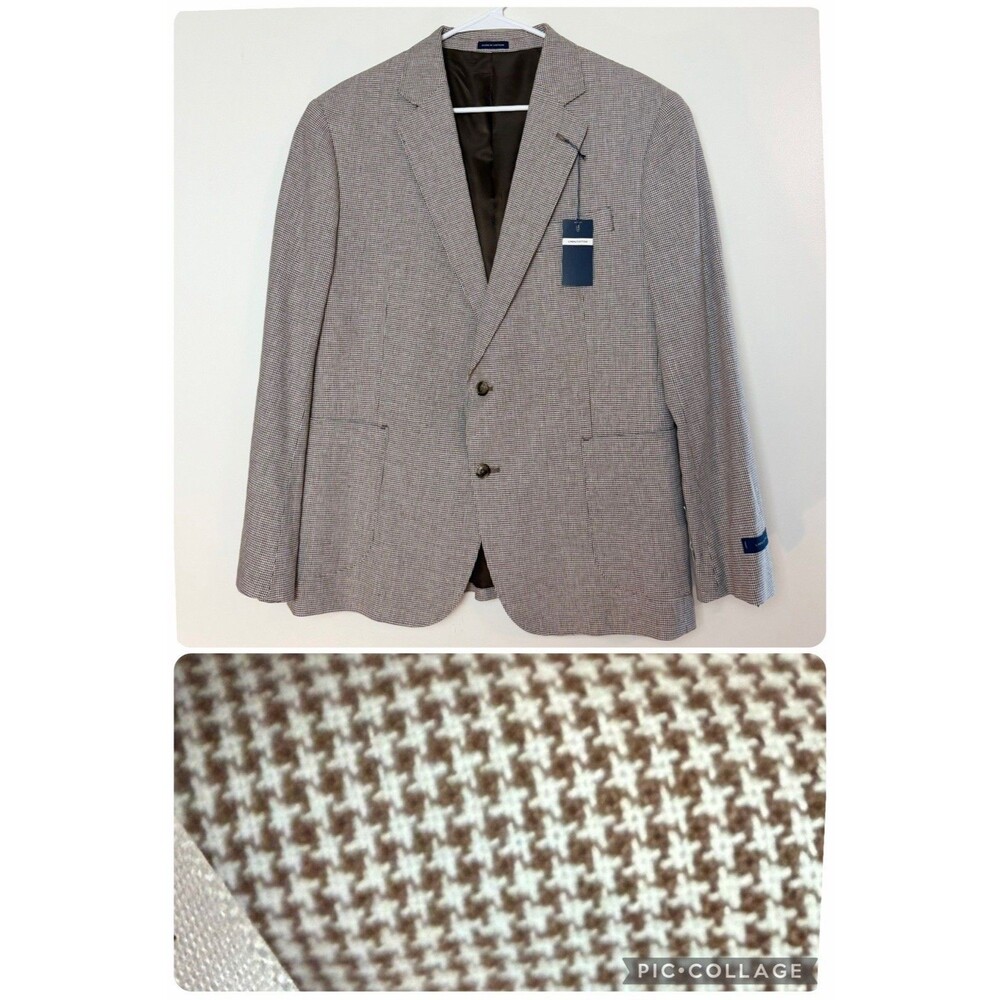 Stafford Classic Fit Sport Coat Brown Houndstooth NEW Cotton Linen Men’s 44S